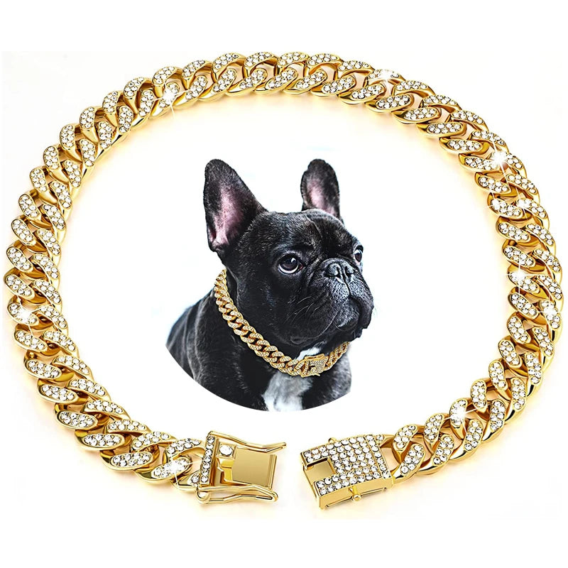 Luxury Gold Chain Dog Collar Puppy Necklace Crystal Jewelry Accessories Cuban Link Pet Collar for Small Medium Large Dogs