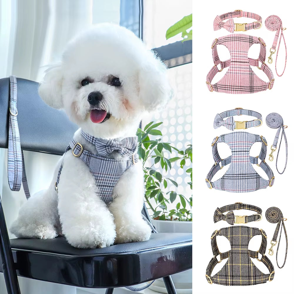 Nylon Dog Collar Harness Leash Set Adjustable Puppy Dogs Harnesses Vest Cute Bowknot Pet Collars with Lead for Small Medium Dogs
