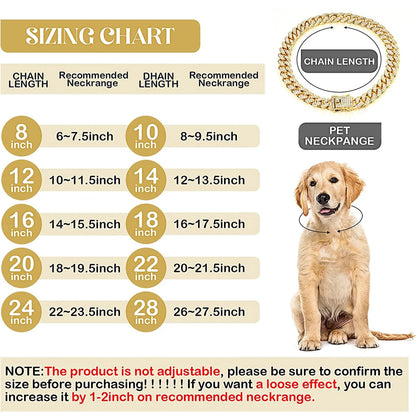 Luxury Gold Chain Dog Collar Puppy Necklace Crystal Jewelry Accessories Cuban Link Pet Collar for Small Medium Large Dogs
