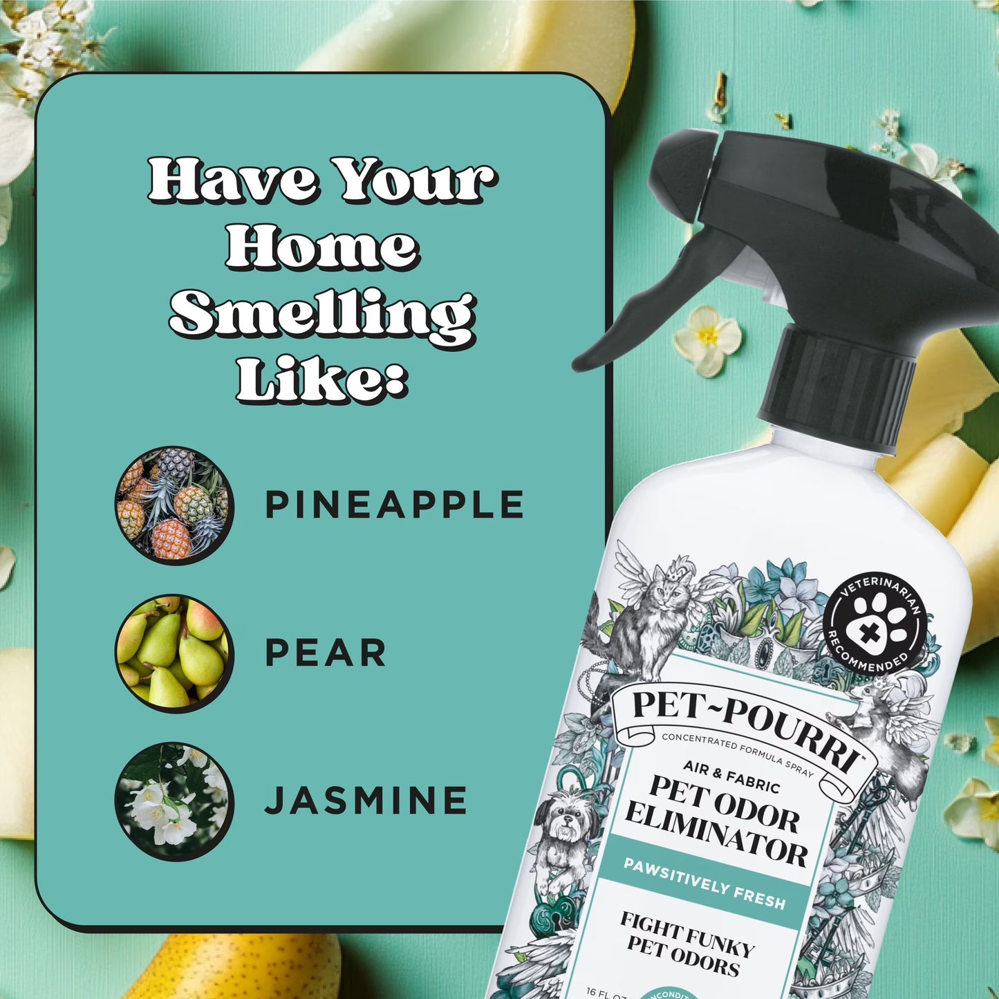 Pet~Pourri Pawsitively Fresh Pet & Home Deodorizer Spray, Jasmine + Fresh Air + Pear, 16Oz
