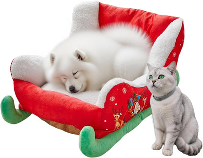 Christmas Dog Beds for Small Dogs，15" X 27.6" Sleigh Shaped Pet Beds,Washable Small Dog Cat Bed, Comfort and Fuzzy Pet Couch Sofa Bed,Warming Pets Bed for Indooor Home,Bedroom,Winter Holiday