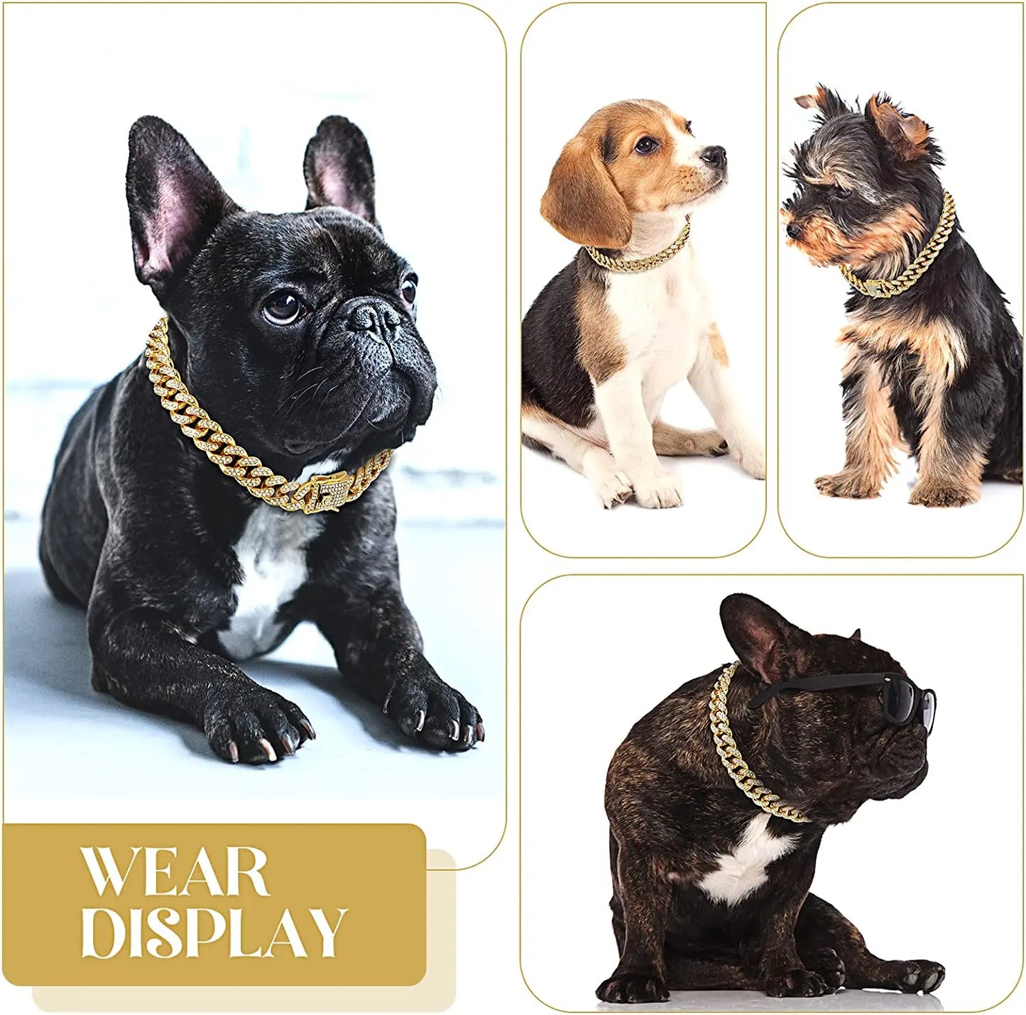 Luxury Gold Chain Dog Collar Puppy Necklace Crystal Jewelry Accessories Cuban Link Pet Collar for Small Medium Large Dogs